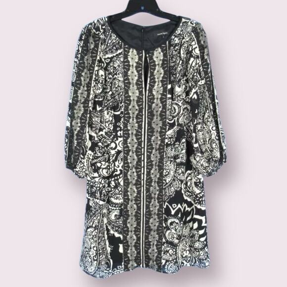 Nanette Lepore Silk Dress Shift 3/4 Sleeve Lace Black Ivory Floral Keyhole 12 L - Picture 5 of 11